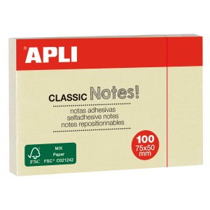 Apli Notas Adhesivas Classic 75x50mm Bloc 100 Hojas - Adhesivo de Calidad - Facil de Despegar - Ideal para Recordatorios - Amar
