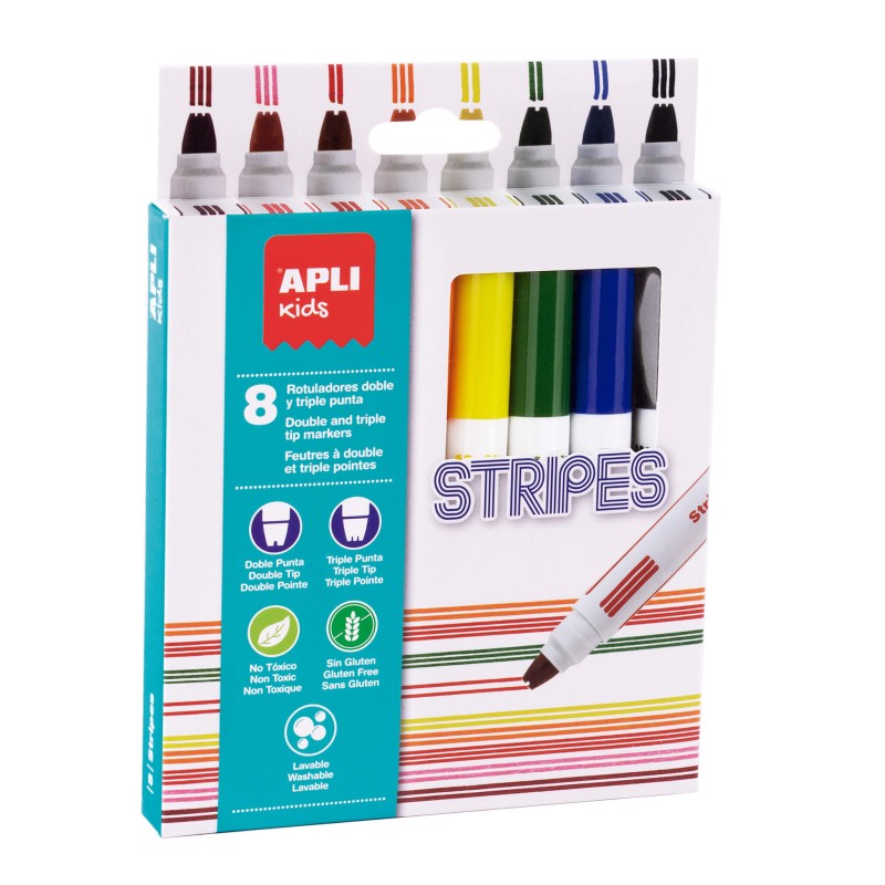 Apli Stripes Pack de 8 Rotuladores - Ø 14.4x137 mm - Doble O Triple Punta Redonda Bloqueada - Lavables Apli Stripes Pack de 8 Rotuladores - Ø 14.4x137 mm - Doble O Triple Punta Redonda Bloqueada - Lavables