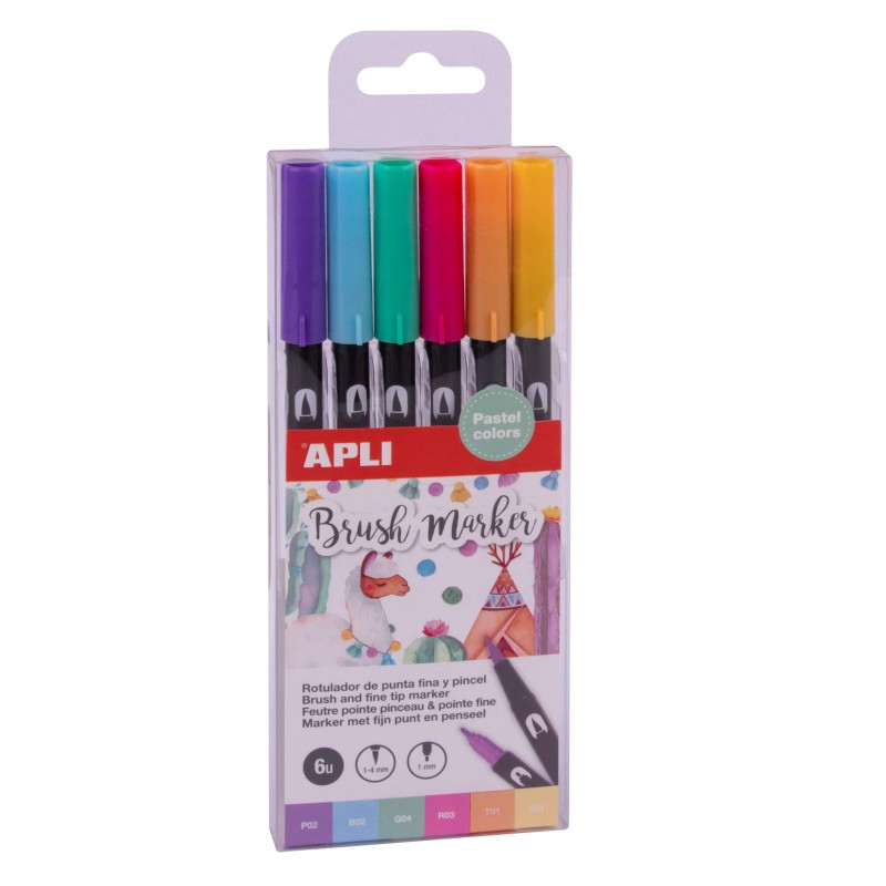 Apli Rotuladores Acuarelables de Doble Punta - 1-4mm y 1mm - Tonos Pastel - Tinta Base Agua - Mezclables - Pack 6 Colores Apli Rotuladores Acuarelables de Doble Punta - 1-4mm y 1mm - Tonos Pastel - Tinta Base Agua - Mezclables - Pack 6 Colores