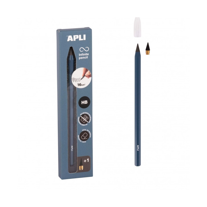 Apli Infinite Pencil Pack de Lapiz Infinito HB + Mina de Recambio + Tapon Protector - Para Escribir hasta 16km - Color Azul