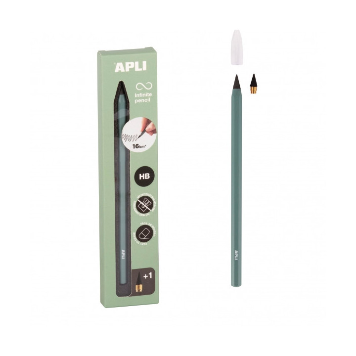 Apli Infinite Pencil Pack de Lapiz Infinito HB + Mina de Recambio + Tapon Protector - Para Escribir hasta 16km - Color Verde