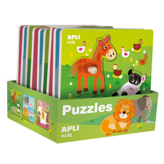 Apli Expositor de Puzles de Madera Encajables Tematica Infantil Animales - 20x20 cm - 9 Puzles con Guia Impresa - Alto Valor Did