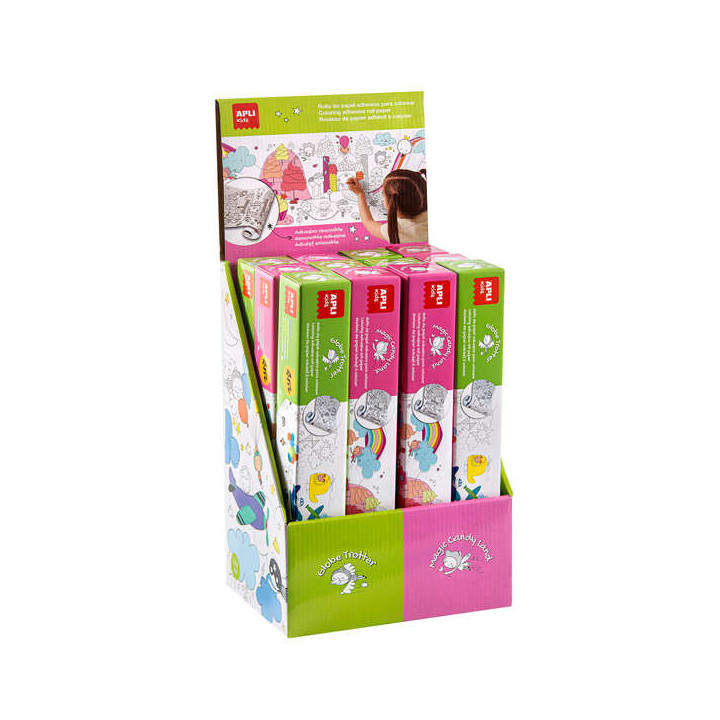 Apli Expositor de Rollos de Papel Adhesivo para Pegar y Colorear - Tamaño 30Cmx4M - 12 Rollos con Diseños de Transportes y Candy