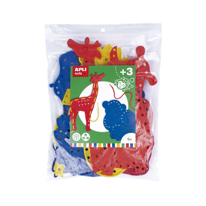 Apli Juego de Cosedores Animales - Formato Maxi - 6 Animales de Plastico con Agujeros - 18 Cuerdas de Colores - Desarrolla Psico