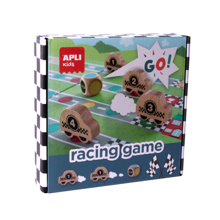 Apli Racing Game Juego de Mesa - Tablero Despegable - 4 Piezas de Madera con Forma de Coche - Dado de Colores - Enseña a Respeta