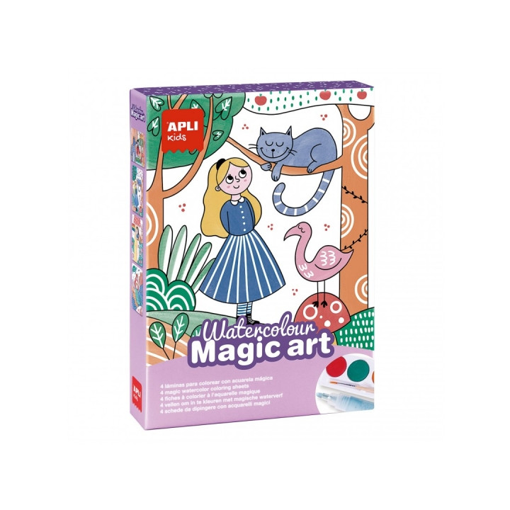 Apli Set de Coloreado Magico - Incluye 4 Laminas Ilustradas - 6 Pastillas de Acuarela - Pincel - Goma - Rotulador Magico - Ficha