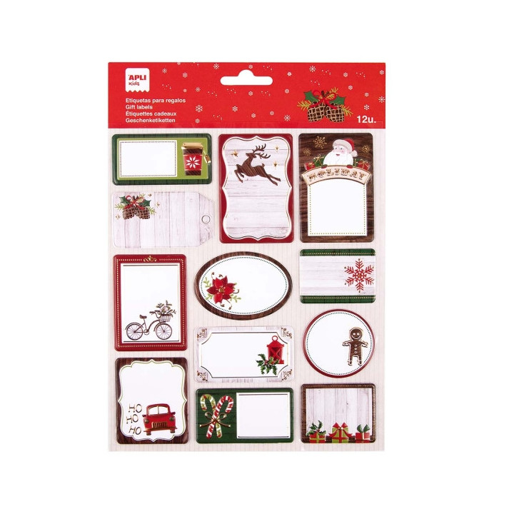 Apli Pack de 12 Etiquetas Adhesivas Navideñas para Regalos - Tamaños y Diseños Surtidos - Espacio para Escribir