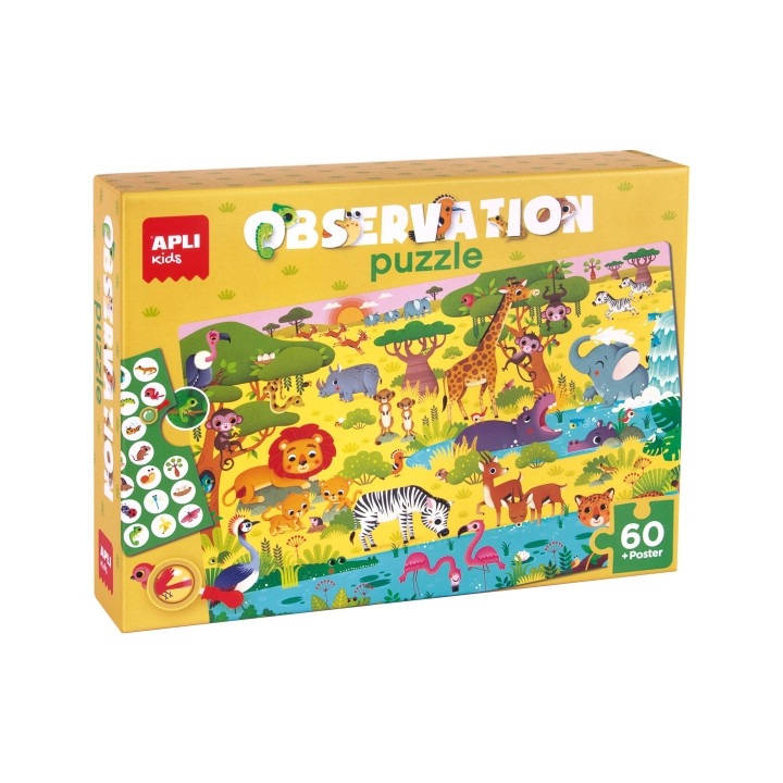 Apli Puzzle Observacion Junior Jungla de 60 Piezas de 6x6cm - Incluye Poster y 1 Ficha con Diferentes Objetos - Desarrolla la Co