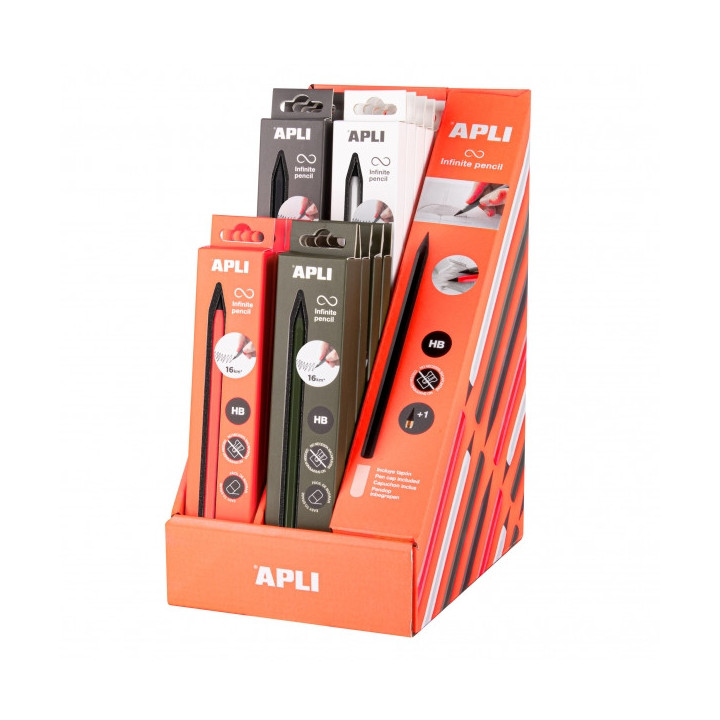 Apli Infinite Pencil Expositor con 20 Packs de Lapiz Infinito HB + Mina de Recambio + Tapon Protector - Para Escribir hasta 16k