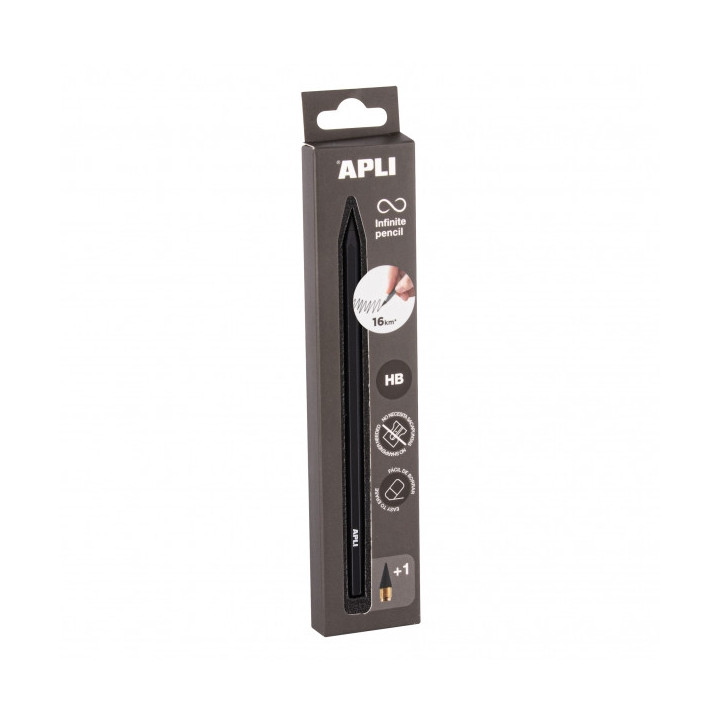 Apli Infinite Pencil Pack de Lapiz Infinito HB + Mina de Recambio + Tapon Protector - Para Escribir hasta 16km - Color Negro