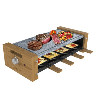 Cecotec Cheese and Grill 8600 Wood AllStone Raclette - Potencia de 1200W - 8 Sartenes Antiadherentes - Placa Piedra Natural - Te