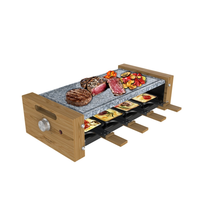 Cecotec Cheese and Grill 8600 Wood AllStone Raclette - Potencia de 1200W - 8 Sartenes Antiadherentes - Placa Piedra Natural - Te