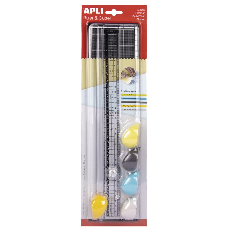 Apli Cizalla de Corte - Regla de 35cm - Tabla de Corte de 10x38cm - 5 Cizallas con Agarre Ergonomico y Diferentes Tipos de Cort