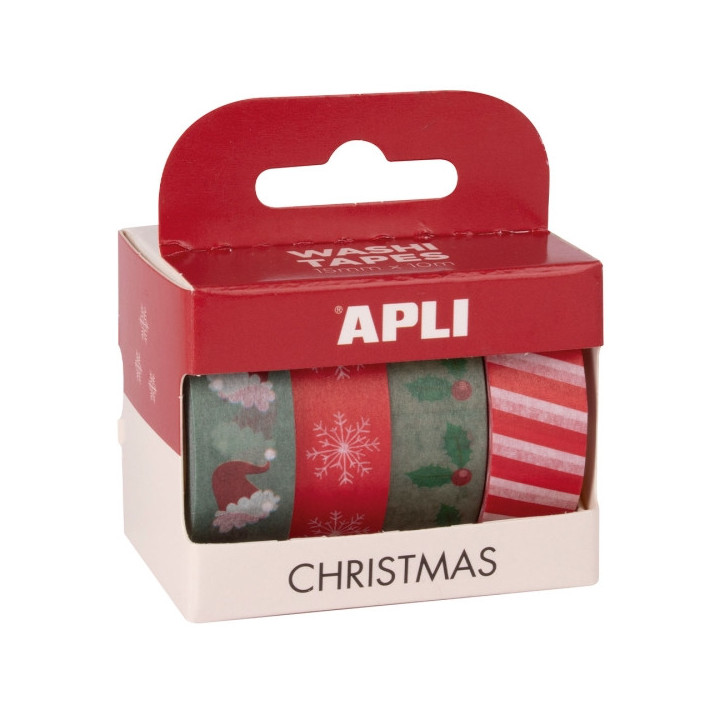 Apli Christmas Pack con 4 Cintas Adhesivas de Papel Washi 15mmx10m - Tematica Navideña - 4 Diseños Diferentes - Decoracion y