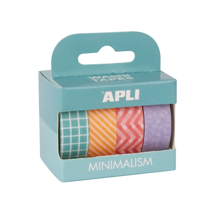 Apli Minimalism Pack con 4 Cintas Adhesivas de Papel Washi 15mmx10m - 4 Diseños Diferentes - Decoracion y Manualidades