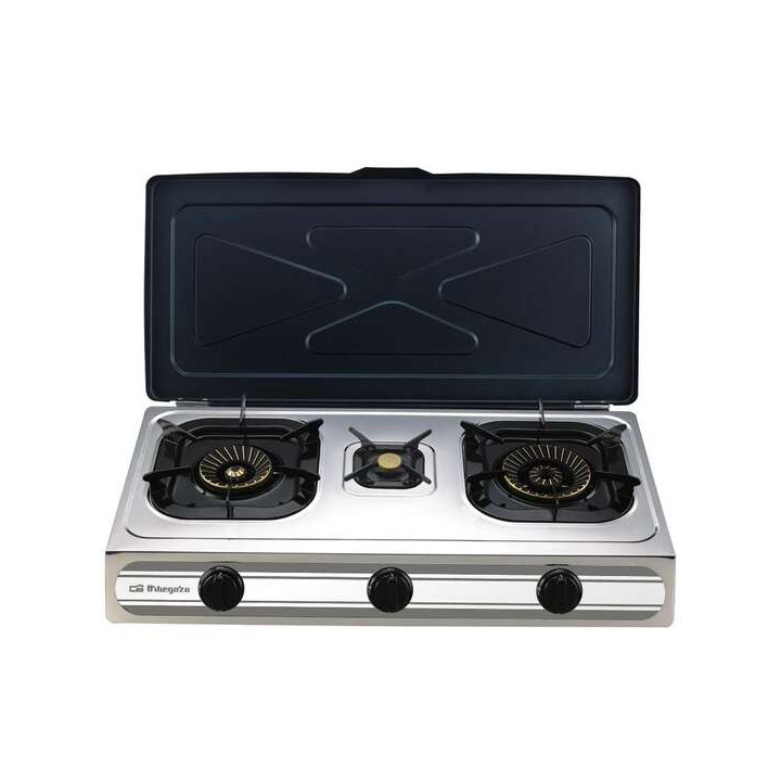 Orbegozo FO 3500 - Hornillo a Gas Compacto y Eficiente - Encendido Piezoelectrico - 3 Quemadores - Cuerpo Inox - Ideal para Exte