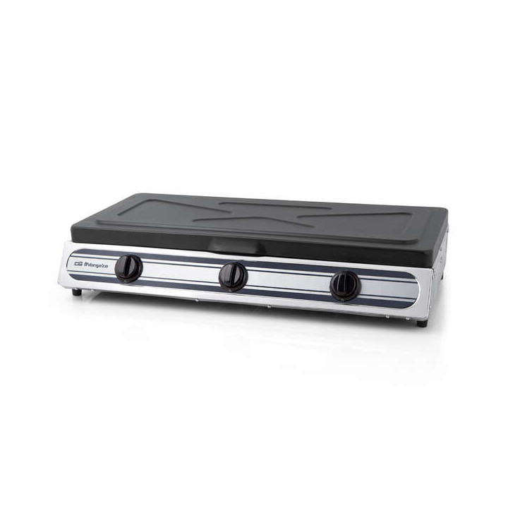 Orbegozo FO 3510 Hornillo a Gas Inoxidable - Compacto y Seguro - 3 Quemadores - Encendido Piezoelectrico - para Gas Butano/Propa