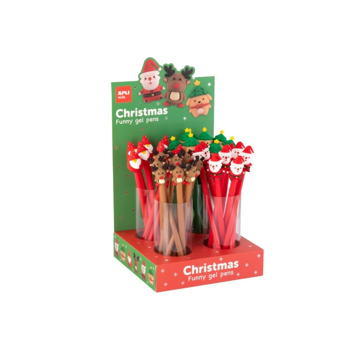 Apli Expositor de 32 Boligrafos con Diseños Navideños - Tinta Gel - 8 Boligrafos por Diseño - Color de la Tinta Negro