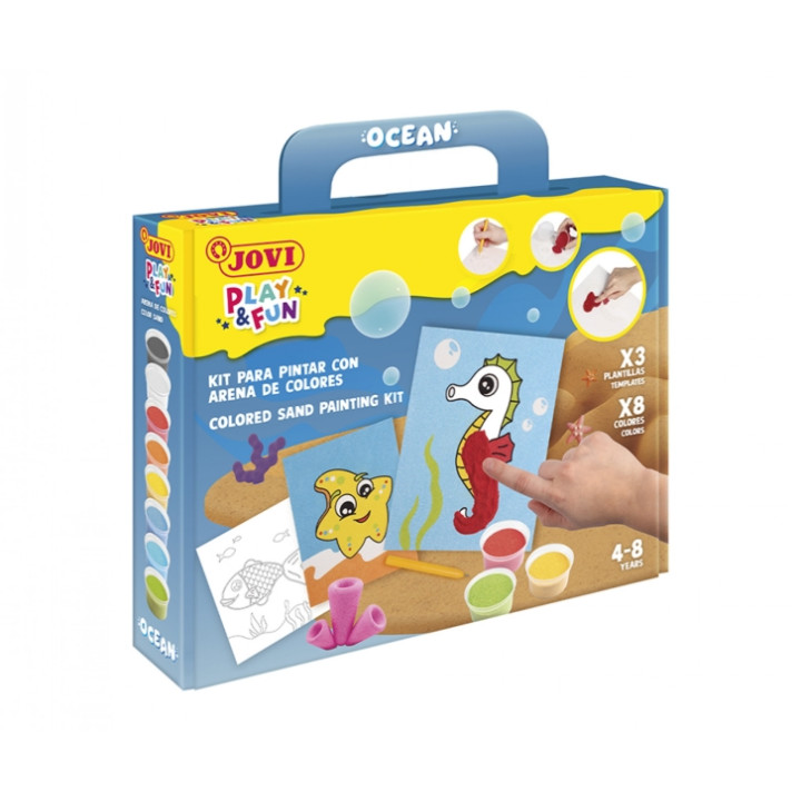 Jovi Play & Fun Kit Pinta con Arena Ocean con 8 Botes de Arena + 1 Punzon + 3 Laminas con Diseños de Animales Acuaticos - Colore