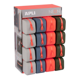 Apli Neon Expositor de 16 Estuches de Silicona Rectangular - Cremallera Repelente al Agua - Medidas 75x185x55mm - Colores Surti