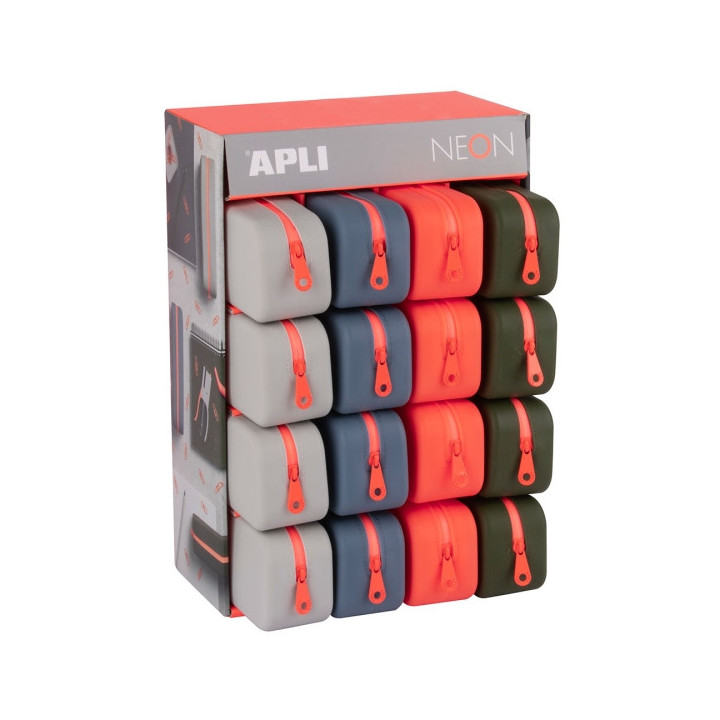 Apli Neon Expositor de 16 Estuches de Silicona Rectangular - Cremallera Repelente al Agua - Medidas 75x185x55mm - Colores Surti