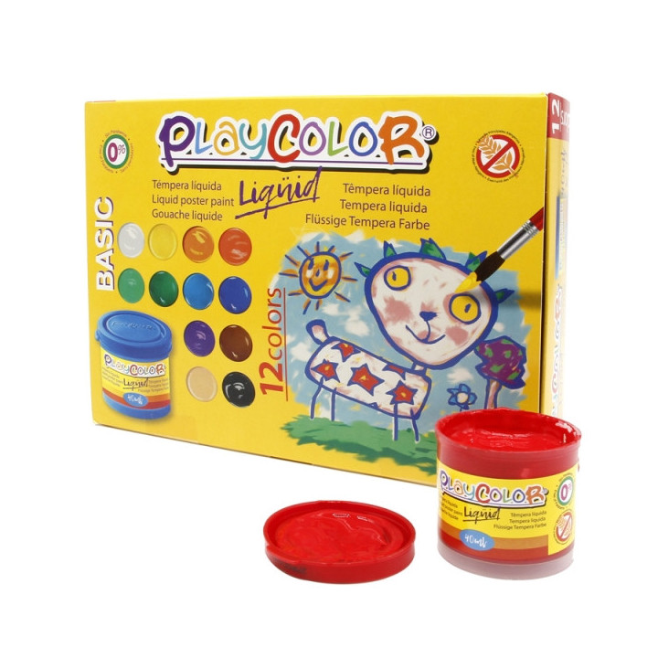 PlayColor Basic Liquid Pack de 12 Temperas 40ml - No Ondula el Papel - Gran Viscosidad - Alta Opacidad - Colores Surtidos