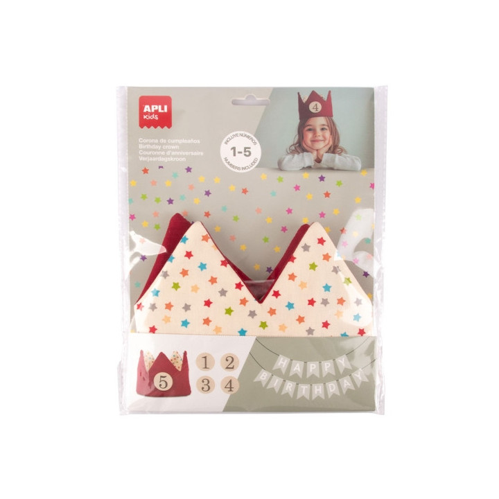 Apli Kids Corona de Cumpleaños - Con Numeros del 1 al 5 - Ajustable y Reversible - Fabricada en Tela - Color Rojo y con Estrel