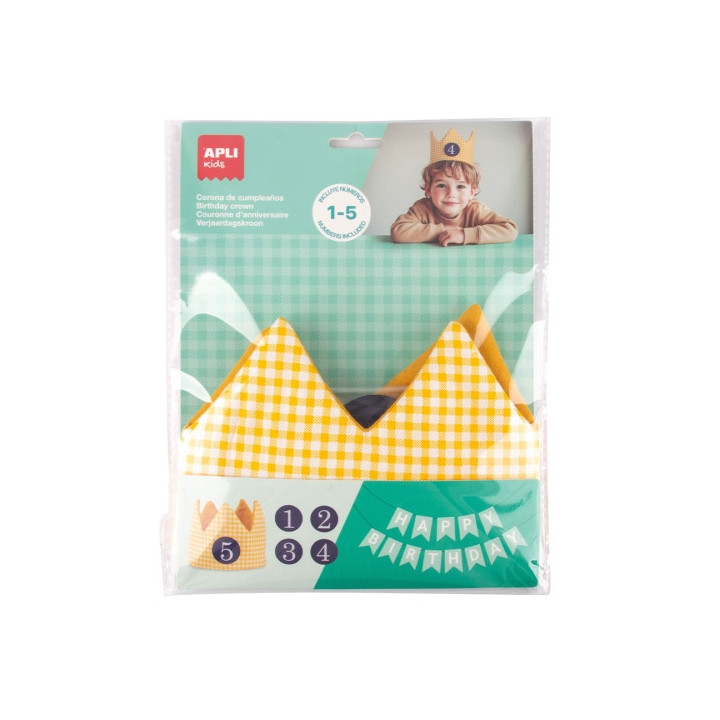 Apli Kids Corona de Cumpleaños - Con Numeros del 1 al 5 - Ajustable y Reversible - Fabricada en Tela - Color Amarillo y con Cu
