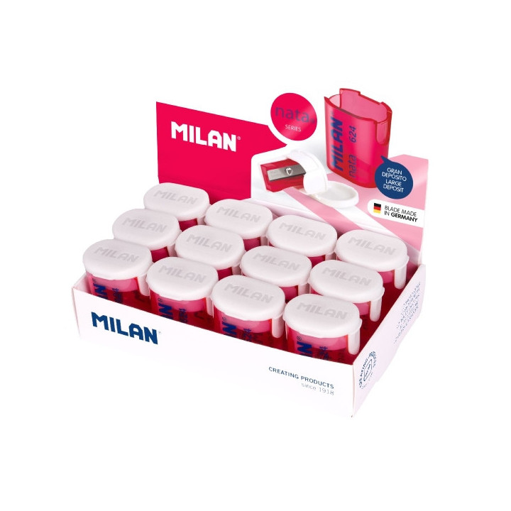 Milan Nata® 624 Expositor de 12 Sacapuntas con Deposito - Cuchilla de Acero - Color Blanco/Rosa