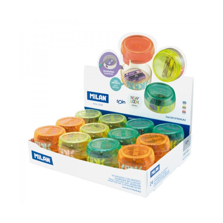 Milan Spin Expositor de 24 Sacapuntas con Deposito - Cuchilla de Acero - Colores Surtidos