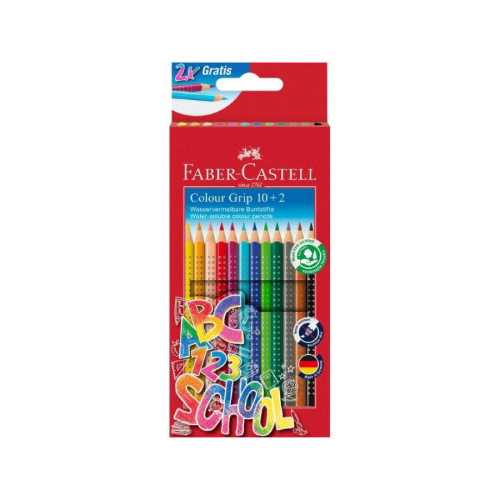 Faber-Castell Colour Grip Pack 10+2 Lapices de Colores Triangulares con Grip de Agarre - Con Espacio para el Nombre - Colores S