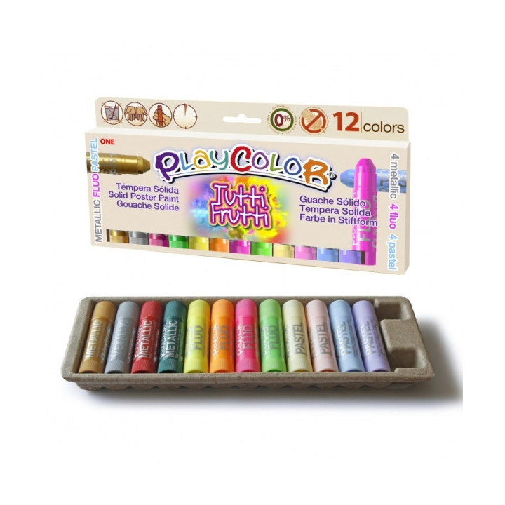 PlayColor Tuttifrutti Pack de 12 Temperas Solidas - No Arrugan el Papel - No Necesitan Barniz - Colores Metallic