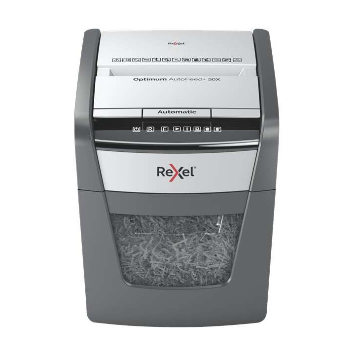Rexel Optimum AutoFeed 50X Destructora Automatica de Corte en Particulas P-4 - Alimentacion Automatica 50 hojas y Ranura Manual