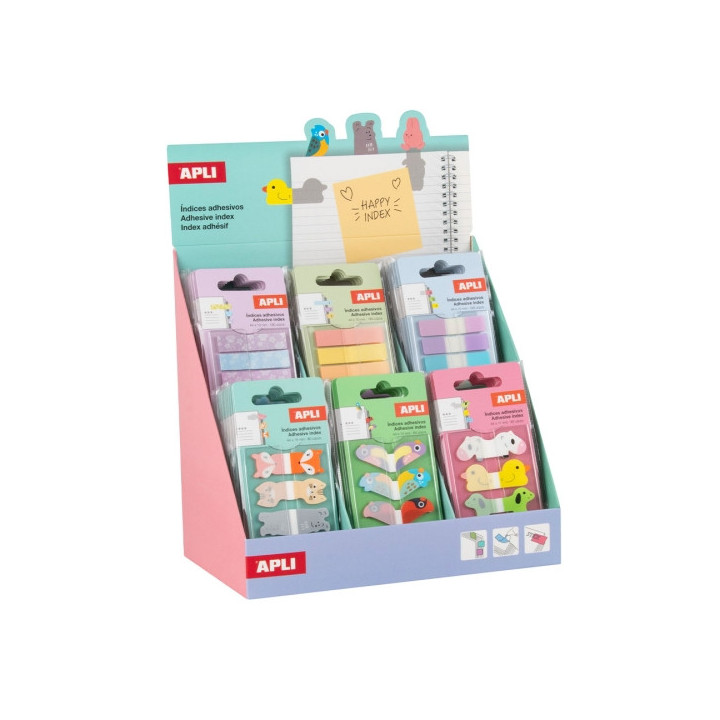 Apli Expositor con 48 Packs de 80 Indices Adhesivos de Papel 44x16mm - Faciles de Despegar - Organiza Tus Documentos