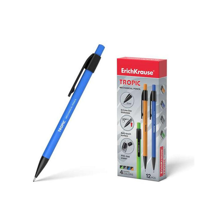 ErichKrause Tropic Portaminas - Boquilla Retractil y Revestimiento Soft Touch - Colores Mate Brillantes - con Borrador y Capuch