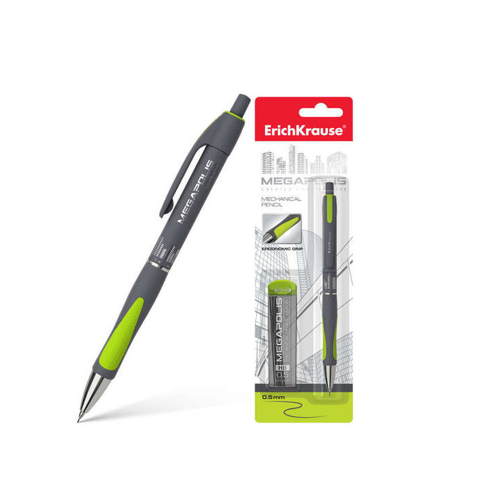 Erichkrause Megapolis Concept - Portaminas con 20 Minas 05mm - Carcasa Redonda y Brillante - Zona de Agarre Ergonomica - Color