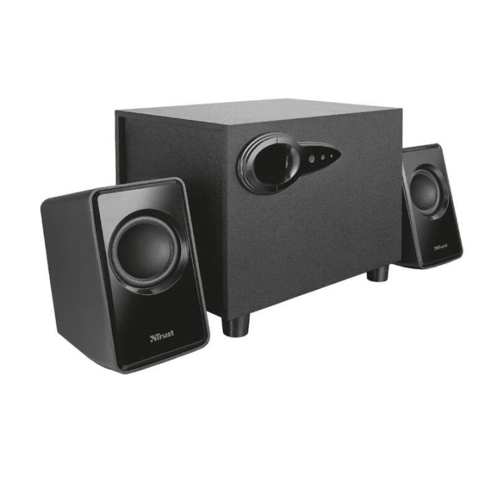 Trust Avora Altavoces USB 2.1 18W - Subwoofer Fabricado en Madera - Control de Volumen y Bajos - Entrada Jack 3.5mm - Color Neg