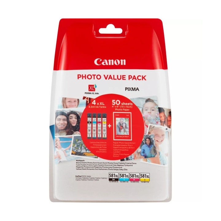 Canon CLI581XL Pack de 4 Cartuchos de Tinta Originales - 50 Hojas de Papel Fotografico - 2052C004/2052C006