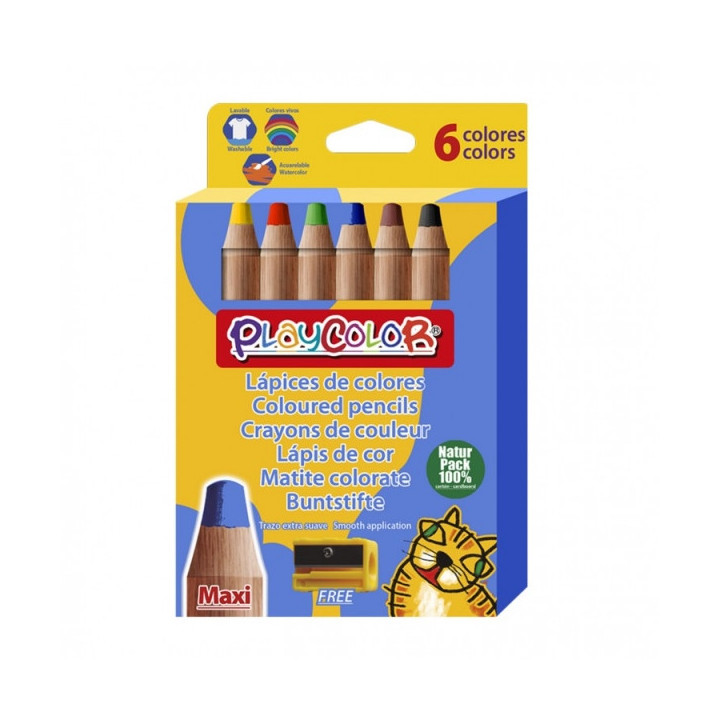 PlayColor Maxi Pack de 6 Lapices de Colores de Punta Gruesa + Sacapuntas - Trazo Extrasuave - Apto para Papel