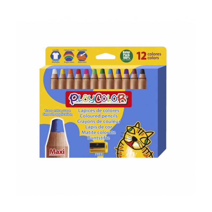 PlayColor Pack de 12 Lapices de Colores de Punta Gruesa + Sacapuntas - Trazo Extrasuave - Apto para Papel