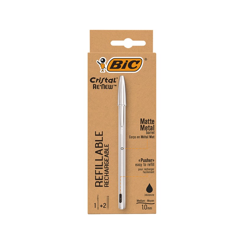 Bic Cristal Re´new Boligrafo de Bola con Cuerpo Metalico + 2 Recambios - Punta Media de 1.0mm - Tinta con Base de Aceite - Col Bic Cristal Re´new Boligrafo de Bola con Cuerpo Metalico + 2 Recambios - Punta Media de 1.0mm - Tinta con Base de Aceite - Col