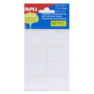 Apli Pack de 48 Etiquetas Rectangulares 25x40mm - 6 Hojas por 8 Etiquetas - Adhesivo Permanente - Cantos Romos - Aptas para Esc