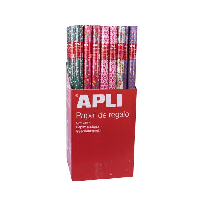 Apli Expositor de 55 Rollos de Papel Regalo Tendance - 11 Rollos por Color - Medidas del Rollo 0.70x2m - 5 Diseños