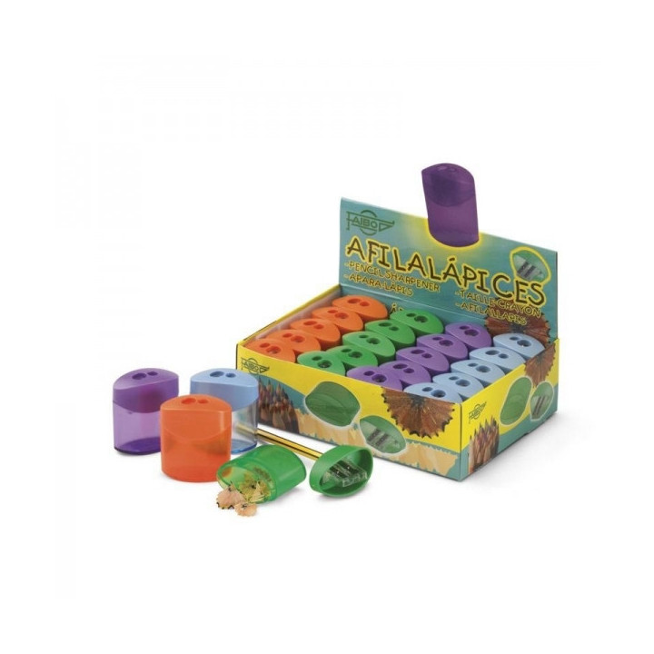 Faibo Expositor de 20 Sacapuntas de 2 Orificios con Deposito - 100% Reciclable - Colores Surtidos