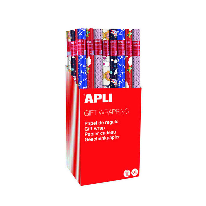 Apli Expositor de 55 Rollos de Papel Regalo Infantil - 11 Rollos por Color - Medidas del Rollo 0.70x2m - 5 Diseños