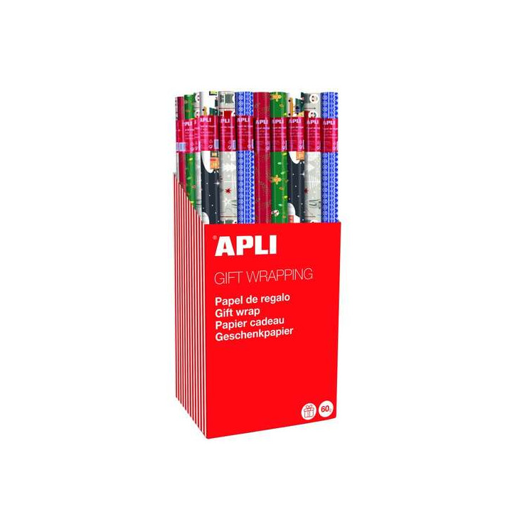 Apli Expositor de 55 Rollos de Papel Regalo Navidad - 11 Rollos por Color - Medidas del Rollo 0.70x2m - 5 Diseños
