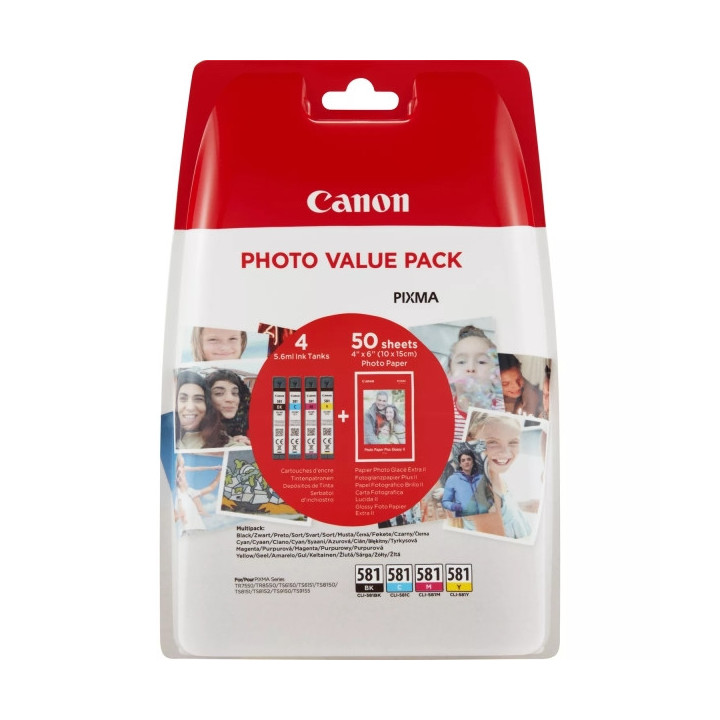 Canon CLI581 Pack de 4 Cartuchos de Tinta Originales - 50 Hojas de Papel Fotografico - 2106C005/2106C006