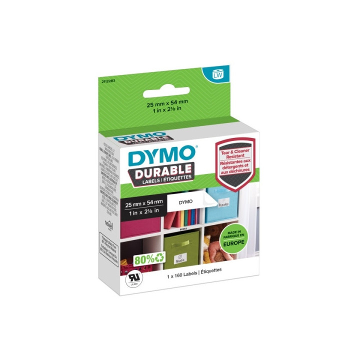 Dymo Durable Pack de 160 Etiquetas Originales para Rotuladora - Texto Negro sobre Fondo Blanco - 25mmx54mm - 2112283