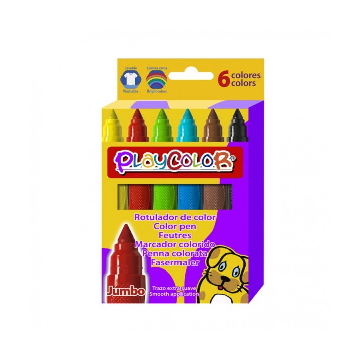 PlayColor Jumbo Basic Pack de 6 Rotuladores de Punta Gruesa Extrasuave - Fiable y Seguro - Punta Bloqueada - Capuchon Ventilado