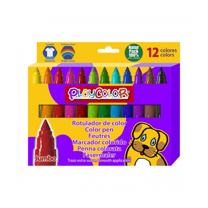 PlayColor Jumbo Basic Pack de 12 Rotuladores de Punta Gruesa Extrasuave - Fiable y Seguro - Punta Bloqueada - Capuchon Ventilad